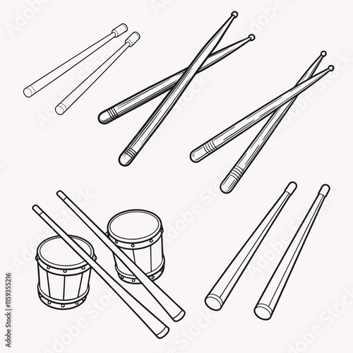 Et of 3d wooden drumsticks silhouette vector illustration isolated on white background.