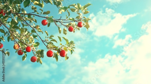 Apple tree branch with red apples hanging, orchard under blue sky generative ai