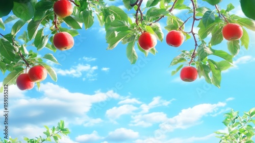 Apple tree branch with red apples hanging, orchard under blue sky generative ai