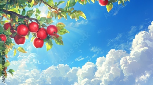 Apple tree branch with red apples hanging, orchard under blue sky generative ai