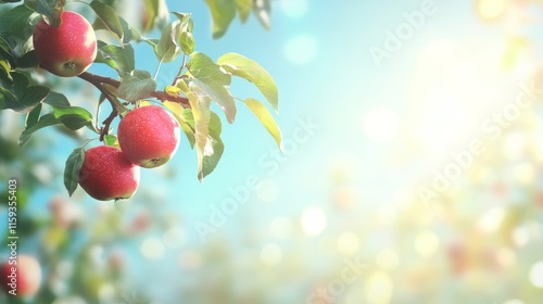 Apple tree branch with red apples hanging, orchard under blue sky generative ai