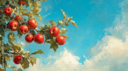 Apple tree branch with red apples hanging, orchard under blue sky generative ai
