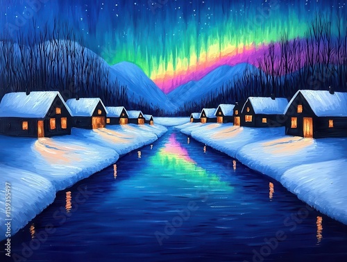 Wallpaper Mural Scandinavian aurora village in acrylics, with green and purple lights illuminating snowy landscapes Torontodigital.ca