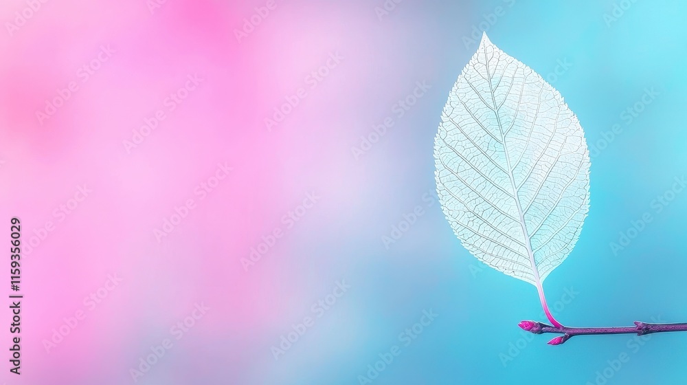 Delicate Leaf Against Soft Pink and Blue Background in Ethereal Nature Conceptual Art Style Delicate Leaf Against Soft Pink and Blue Background in Ethereal Nature Conceptual Art Style