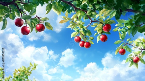 Apple tree branch with red apples hanging, orchard under blue sky generative ai