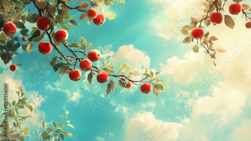 Apple tree branch with red apples hanging, orchard under blue sky generative ai