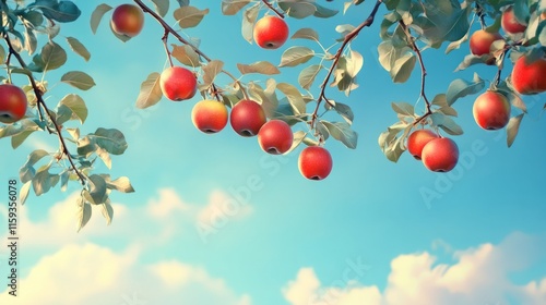 Apple tree branch with red apples hanging, orchard under blue sky generative ai