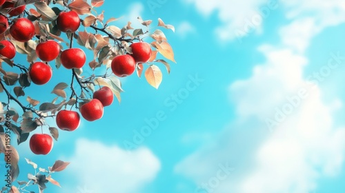 Apple tree branch with red apples hanging, orchard under blue sky generative ai