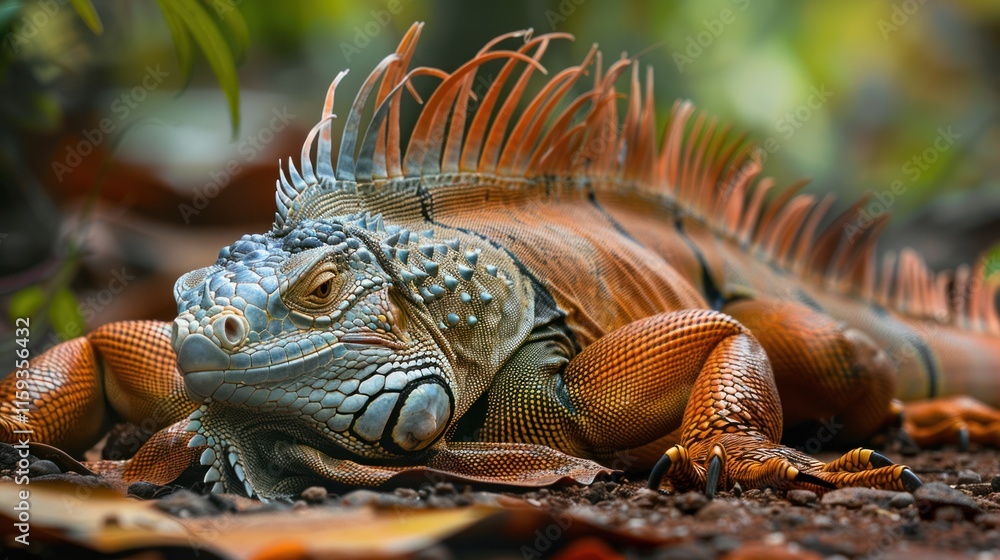 Fototapeta premium Orange iguana resting with detailed scales and spikes on a forest floor.