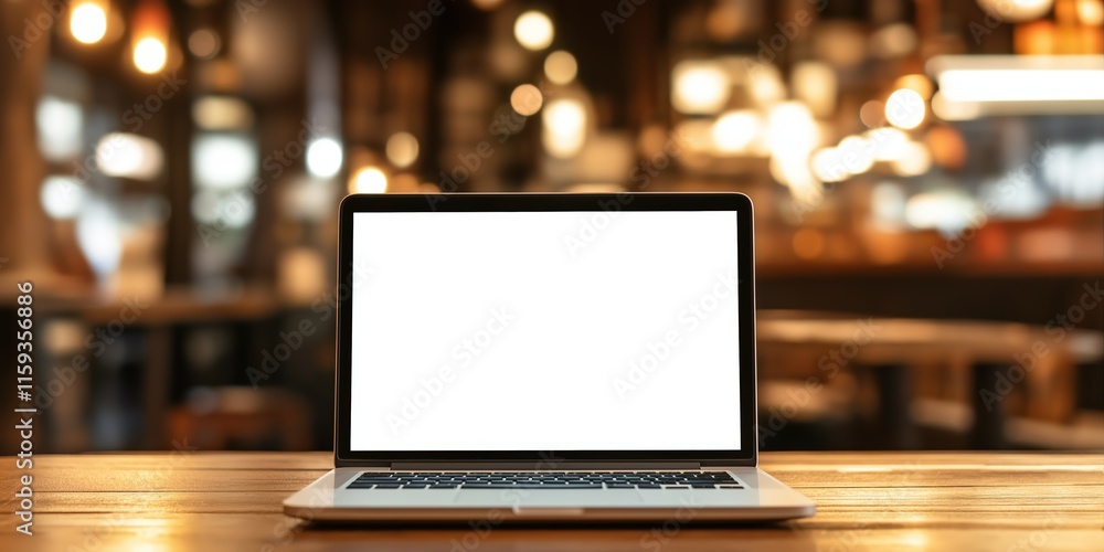 Laptop blank screen on wood table with cafe background, mockup, copy space for banner Laptop blank screen on wood table with cafe background, mockup, copy space for banner