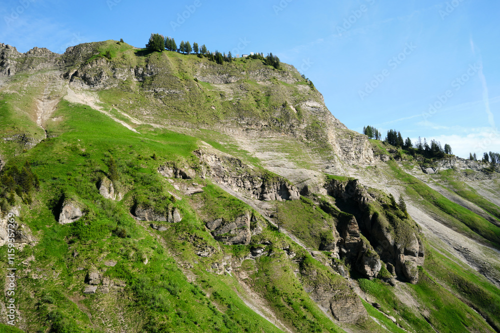 A scenic view of lush green slopes surrounding rocky formations in Switzerland, showcasing the natural beauty of Brienz with its steep terrains and skyward-reaching trees. A scenic view of lush green slopes surrounding rocky formations in Switzerland, showcasing the natural beauty of Brienz with its steep terrains and skyward-reaching trees.