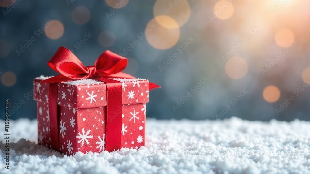 A red gift box with a bow sits gracefully in the snow with blurred bokeh background A red gift box with a bow sits gracefully in the snow with blurred bokeh background