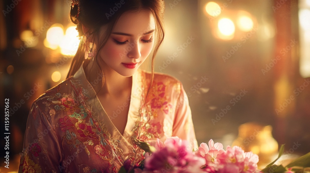 Woman in Elegant Embroidered Robe Holds Flowers Woman in Elegant Embroidered Robe Holds Flowers