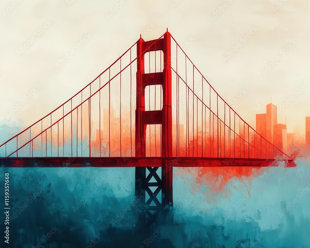 Obraz premium Acrylic cityscape of San Francisco, featuring the Golden Gate Bridge enveloped in ethereal morning fog
