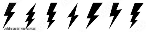 Set of lightning bolt icons. Electric energy, thunder, power, flash and storm symbols. Ideal for logo design, warning signs, digital graphics, gaming, and modern illustrations