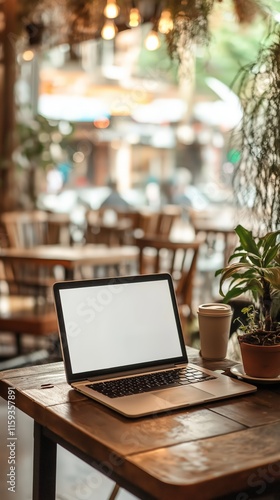 Laptop blank screen on wood table with cafe background, mockup, copy space for banner