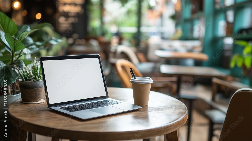 Laptop blank screen on wood table with cafe background, mockup, copy space for banner