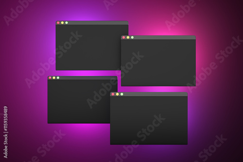 Computer popup windows on purple background. Illustration as the copy space for computer and technological topics 