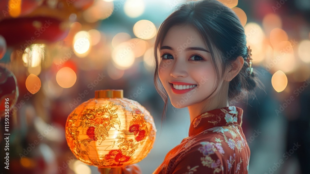 Naklejka premium Young Woman Smiles Holding a Festive Lantern