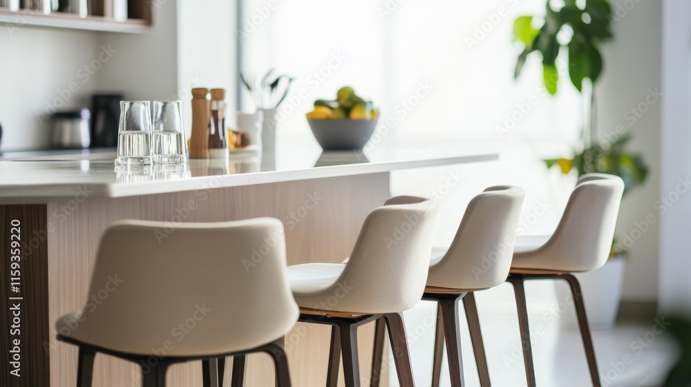 Obraz premium Minimalist modern breakfast bar with clean, elegant design. Featuring neutral tones and sleek bar stools