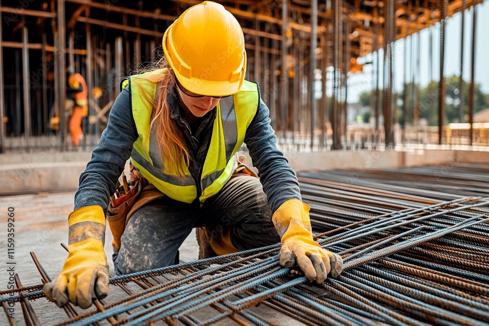 Hardworking construction worker arranging steel bars under a vast construction site Hardworking construction worker arranging steel bars under a vast construction site