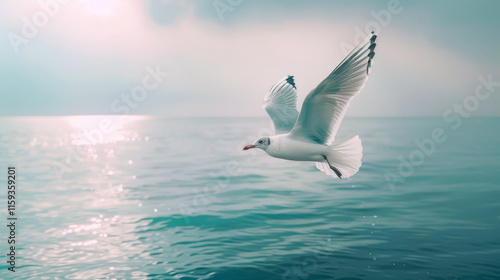 Seagull flying over a calm sea at sunrise photo