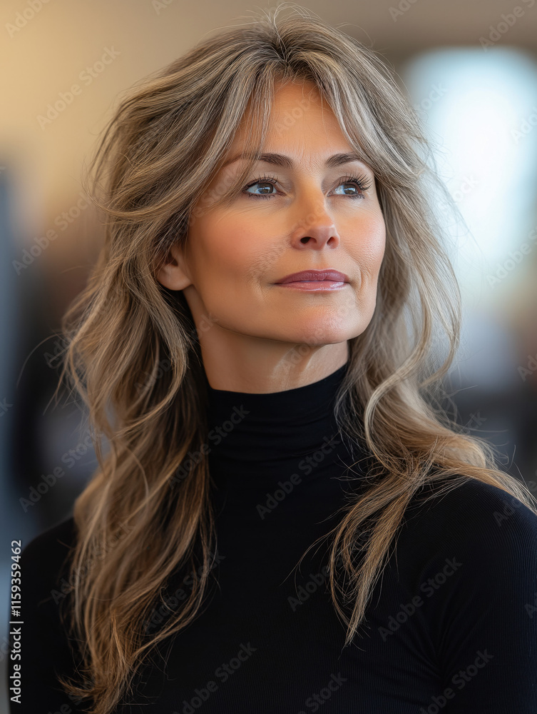 A confident and stylish woman with flowing, gray-streaked hair poses in a sleek black turtleneck, exuding elegance and wisdom in a soft, modern indoor setting. A confident and stylish woman with flowing, gray-streaked hair poses in a sleek black turtleneck, exuding elegance and wisdom in a soft, modern indoor setting.