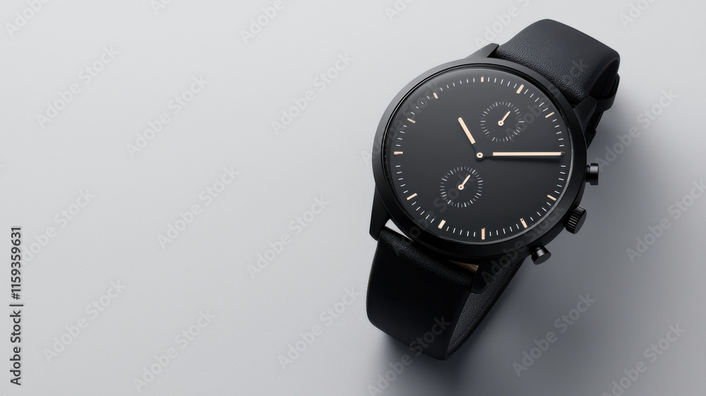Sleek black watch with dual dials and leather strap on light background Sleek black watch with dual dials and leather strap on light background