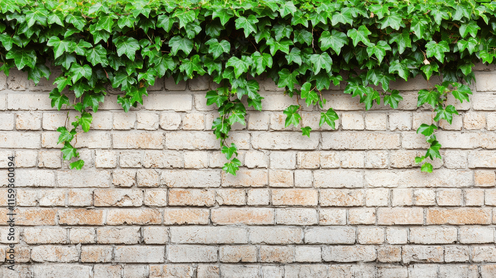 Lush green ivy cascading over textured brick wall creates serene backdrop Lush green ivy cascading over textured brick wall creates serene backdrop
