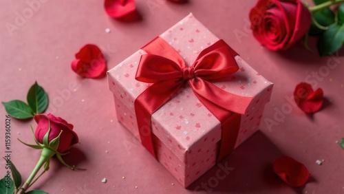A pink gift box with a red ribbon is surrounded by roses