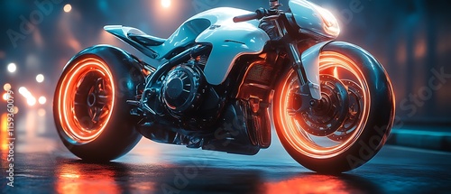 Futuristic motorbike on city street at night. photo