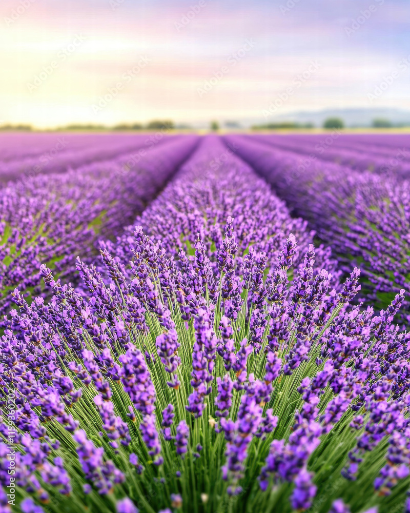 Obraz premium Lavender field with vibrant purple flowers stretching across landscape, creating serene and calming atmosphere