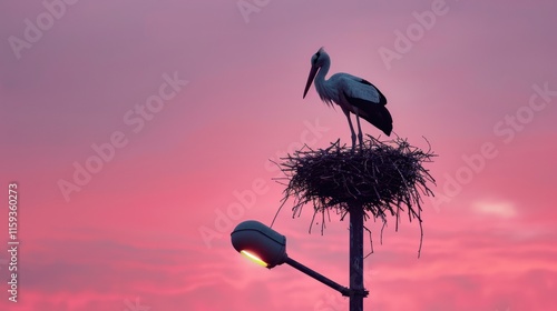 Stork in nest atop lamppost with purple sky.
