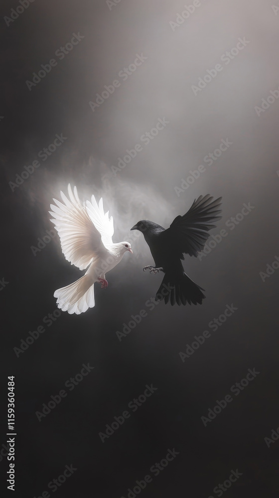 Obraz premium white dove and a black raven in mid-flight against a dark and moody background. The contrasting colors and symbolism evoke themes of duality, conflict, and harmony