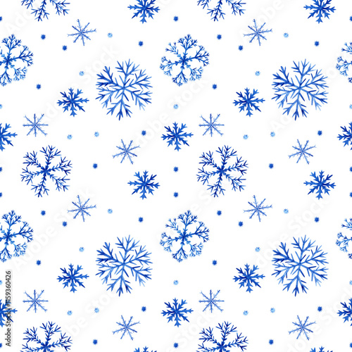 Seamless snowflake pattern. Illustration is made in watercolor technique. Fluffy blue snowflakes on a transparent background for your design