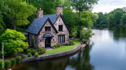 Lakeside Stone Cottage Home - Tranquil lakefront home, stone architecture, lush greenery, peaceful setting, cozy interior.