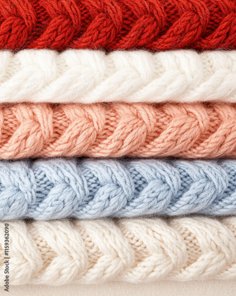 Cozy knitted fabrics in red, white, pink, and blue, perfect for warmth Cozy knitted fabrics in red, white, pink, and blue, perfect for warmth