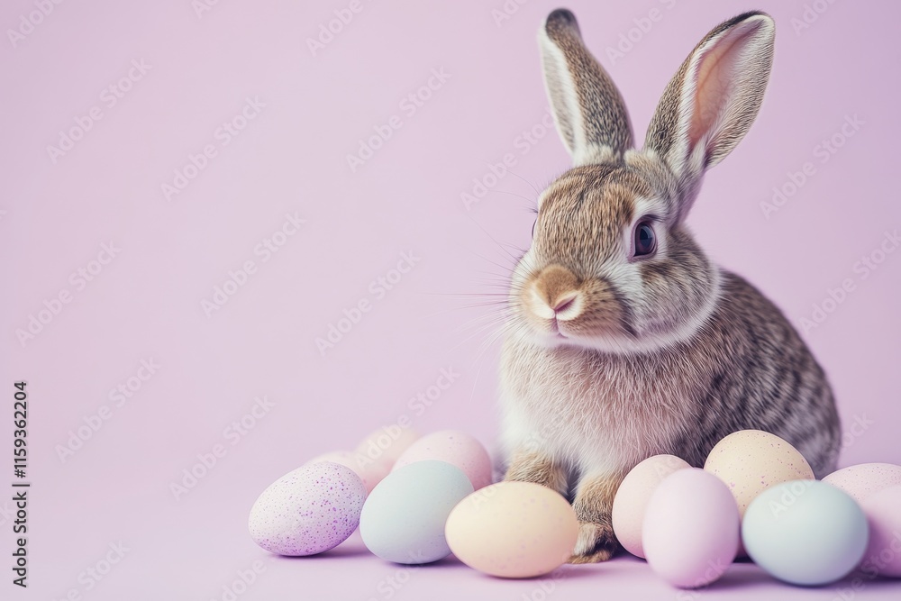Fototapeta premium Adorable bunny with pastel Easter eggs on a light lavender background, symbolizing spring, celebration, and festive holiday traditions