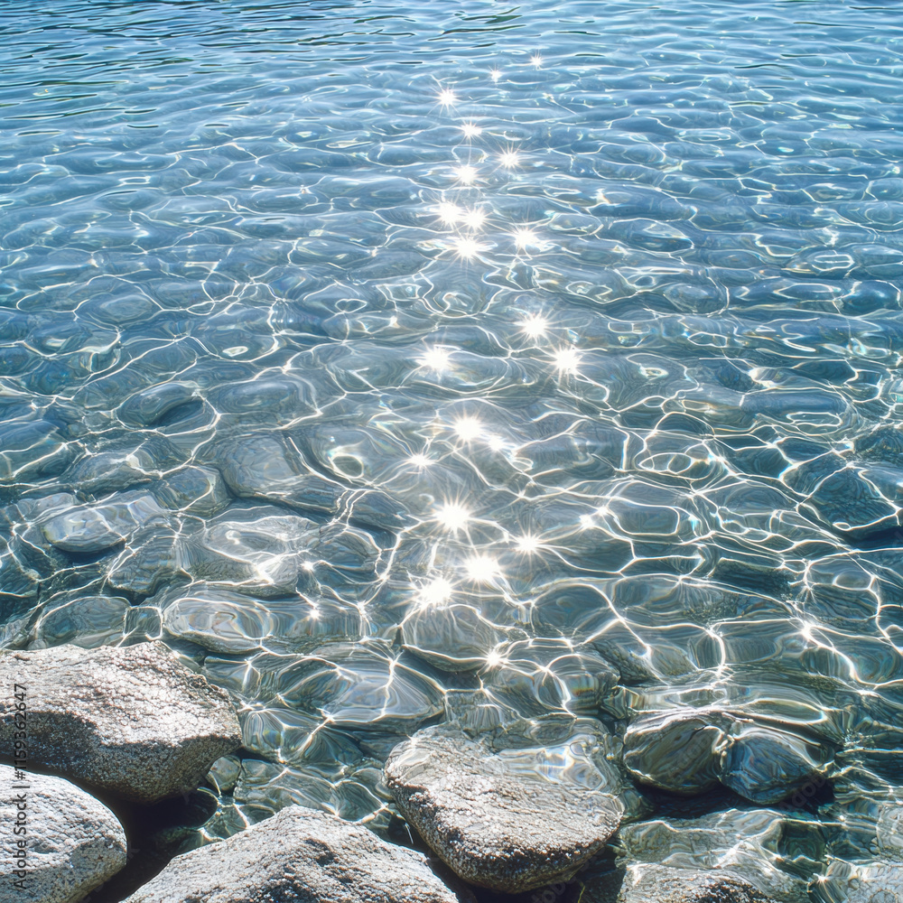 Fototapeta premium Clear water with sparkling reflections and smooth stones along shore
