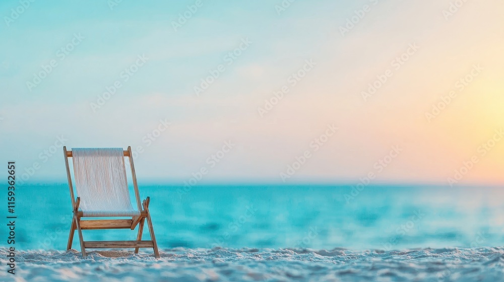 Peaceful Beach Scene with Wooden Chair Facing Tranquil Ocean at Sunrise or Sunset Colorful Sky Peaceful Beach Scene with Wooden Chair Facing Tranquil Ocean at Sunrise or Sunset Colorful Sky