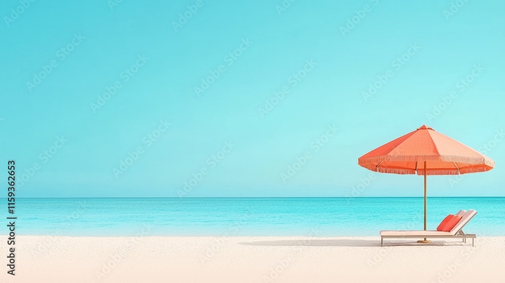 Calm Beach Scene with Orange Umbrella and Lounge Chair, Scenic Ocean and Clear Sky in Background Calm Beach Scene with Orange Umbrella and Lounge Chair, Scenic Ocean and Clear Sky in Background