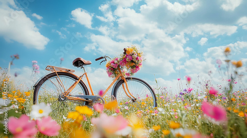 A bright pink bicycle stands still in a lush flower field, adorned with a basket full of colorful blooms, under a sunny sky filled with fluffy clouds. Generative AI photo