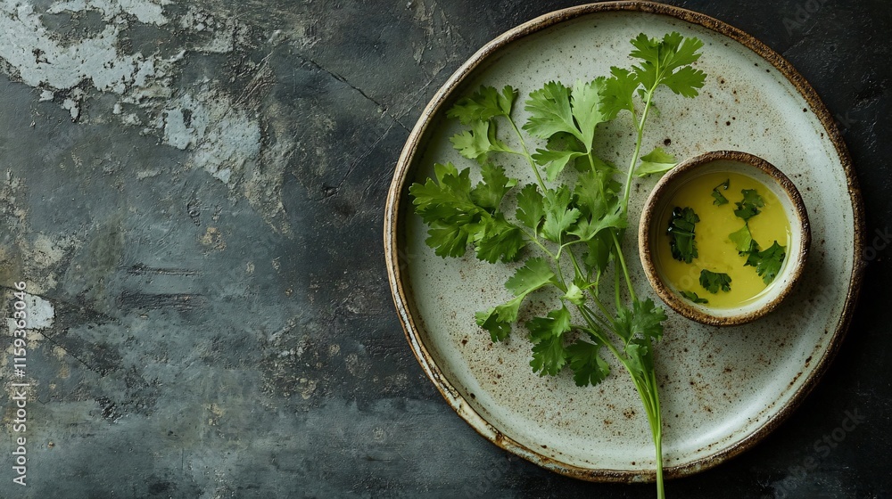A single coriander sprig placed on a rustic ceramic plate, with a small bowl of dipping sauce beside it A single coriander sprig placed on a rustic ceramic plate, with a small bowl of dipping sauce beside it