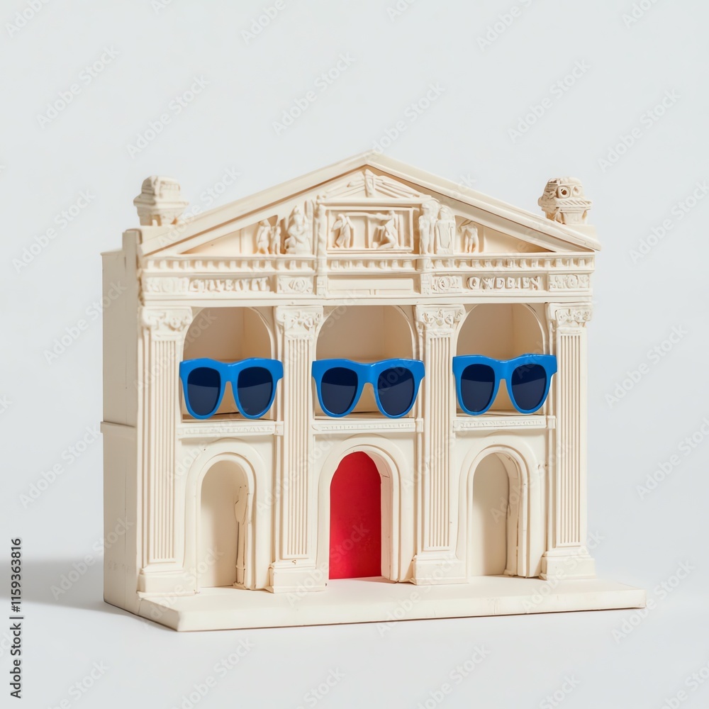 Fototapeta premium A striking architectural model featuring stylish blue sunglasses, capturing a playful blend of art and fashion against a white background.