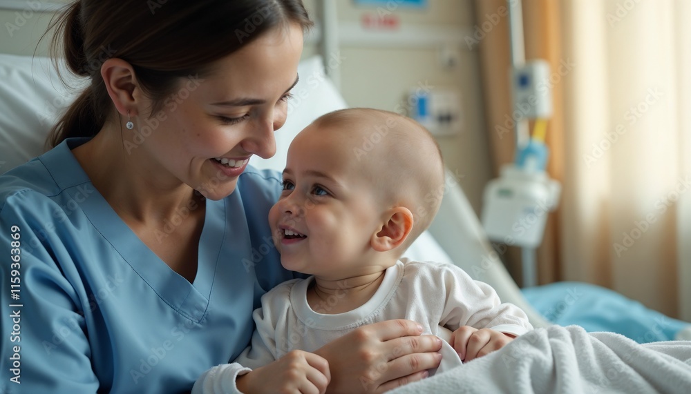 Illustration of a smiling child in a hospital bed joyfully interacting with a caring nurse Illustration of a smiling child in a hospital bed joyfully interacting with a caring nurse