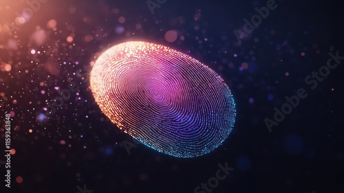 A 3D fingerprint with a holographic effect floating over a dark background with subtle light particles. The fingerprint shines in different colors as if catching light from multiple angles. photo