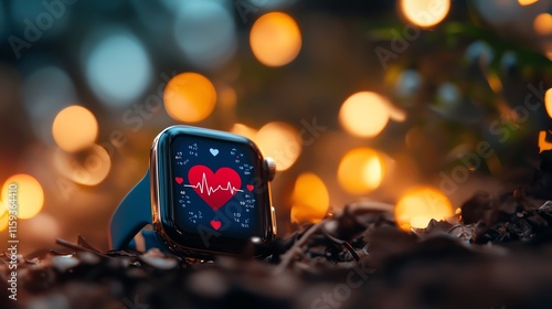 A modern smartwatch displaying a heartbeat graphic against a blurred background of warm bokeh lights, symbolizing health and technology. photo