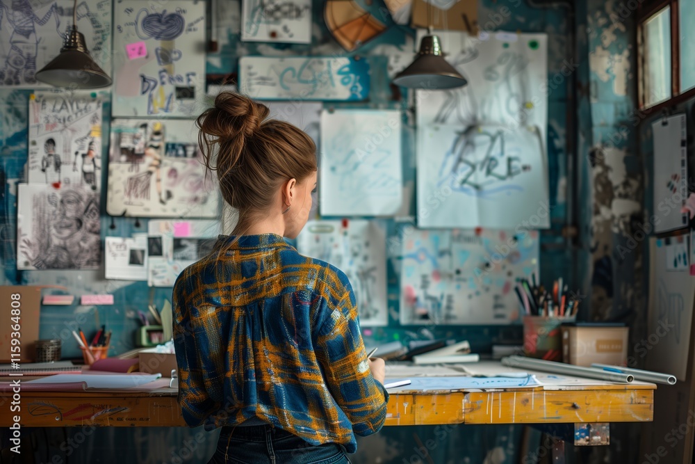 A creative individual explores artistic ideas in a vibrant studio filled with sketches and inspiration. A creative individual explores artistic ideas in a vibrant studio filled with sketches and inspiration.