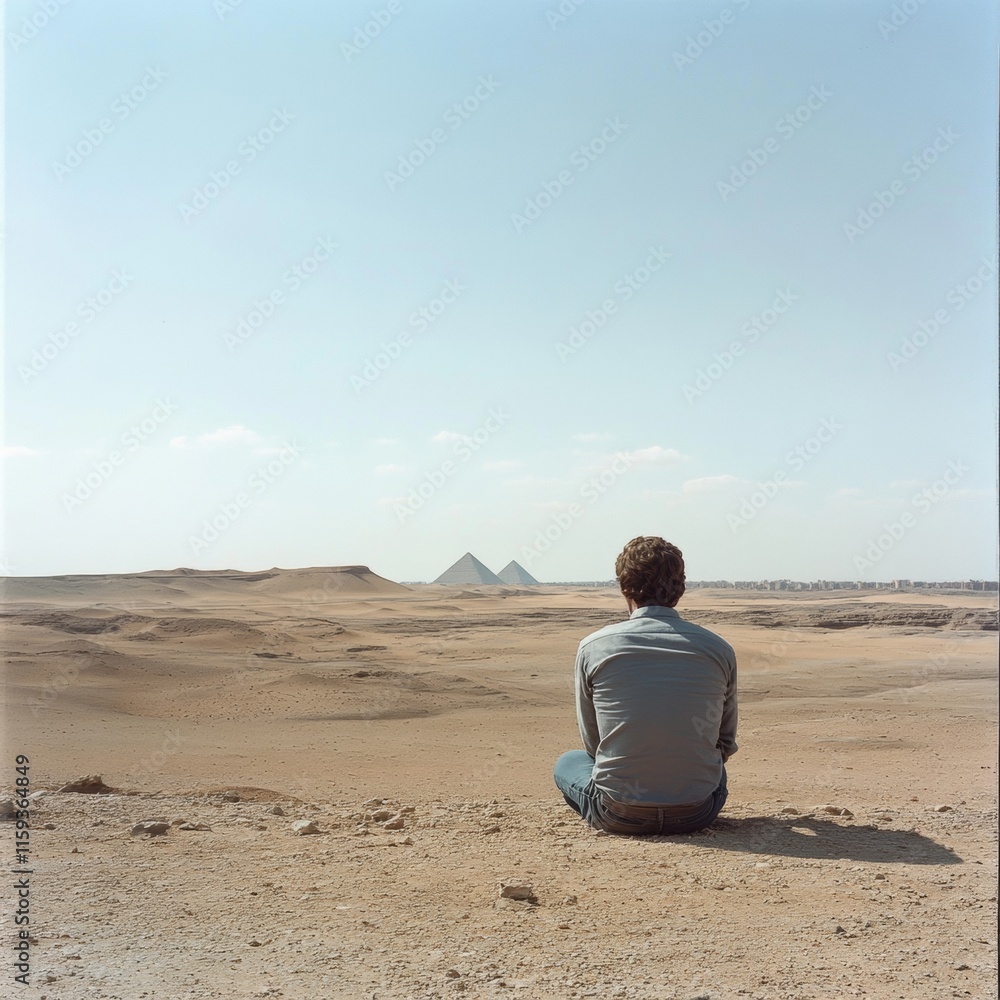 Fototapeta premium Lone Traveler Contemplates Ancient Pyramids in Desert, Journey of Discovery, Solitude and Exploration