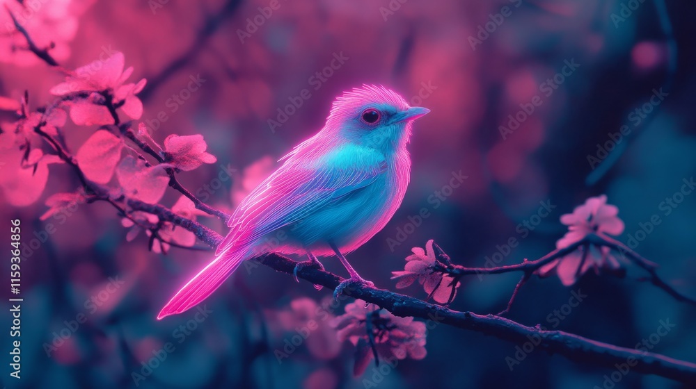 Fototapeta premium Bird with translucent feathers that glow pink and blue, perched on a neon tree branch in a forest generative ai